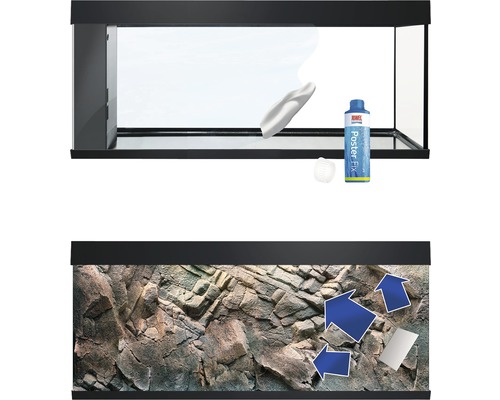 Aquarium mit Dekorfolie und Befestigungszubehör
