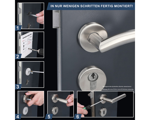 Montageanleitung für eine Türgarnitur in sechs Schritten.