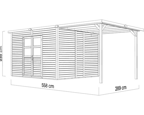 Illustration eines Gartenhauses mit Carport und den Maßen 558 cm Breite, 230 cm Höhe und 289 cm Tiefe.