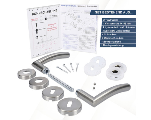 Türdrückergarnitur mit Montageanleitung, Bohrschablone, Vierkantstift, Schrauben und Rosetten