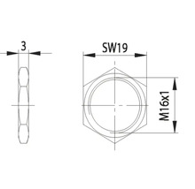 Technische Zeichnung einer Mutter mit den Maßen M16x1 und SW19
