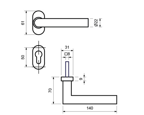Technische Zeichnung eines Türdrückers mit Maßangaben
