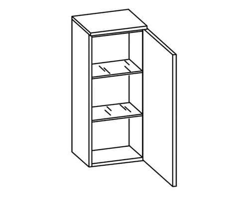 Skizze eines Hängeschranks mit offener Tür und Regalböden