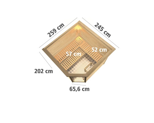 Draufsicht der Sauna mit Abmessungen