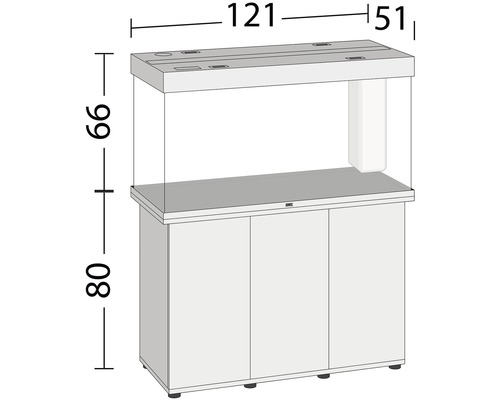 Aquariumkombination mit den Maßen 121 x 51 x 66 Zentimeter auf einem Unterschrank mit einer Höhe von 80 Zentimetern.