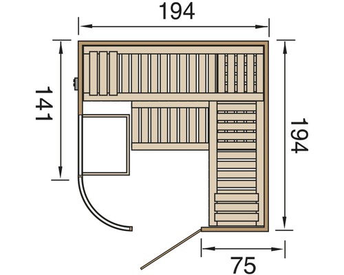 Grundriss einer Sauna mit den Maßen 194 x 194 x 141 cm und einer Tür von 75 cm Breite.