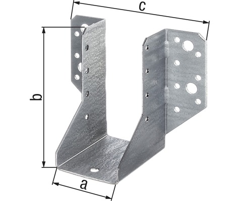 Balkenschuh aus Metall mit den Abmessungen a, b und c.