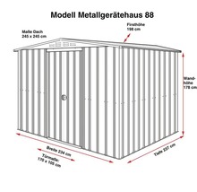 Abbildung eines Metallgerätehauses Modell 88 mit Maßangaben