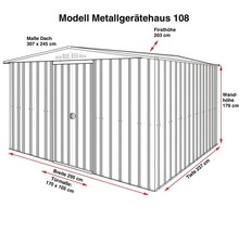 Abbildung eines Metallgerätehauses Modell 108 mit Maßangaben zu Dach, Firsthöhe, Wandhöhe, Breite, Tiefe und Tür