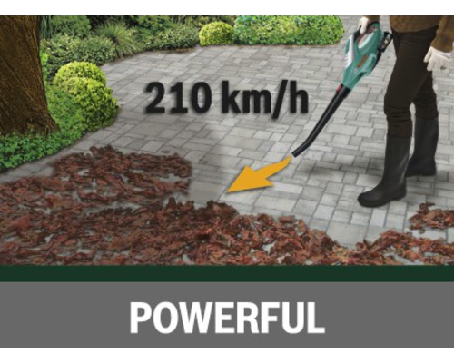 Akku-Laubbläser im Einsatz auf einer gepflasterten Fläche mit Laub