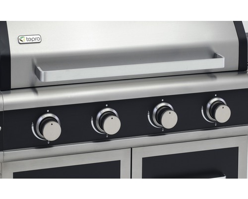 Teilansicht eines Gasgrills mit Drehknöpfen und Tepro Logo