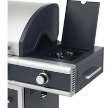 Detailansicht eines Gasgrills mit Seitenkochfeld und Bedienknöpfen