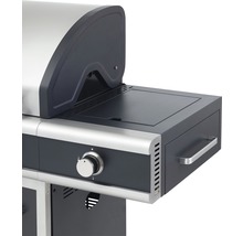 Detailansicht eines Gasgrills mit Seitenablage und Bedienknopf