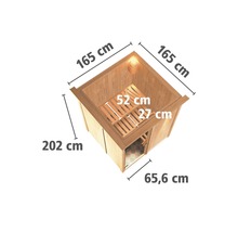 Plug & Play Sauna Karibu Achat I inkl. 3,6 kW Ofen u.integr.Steuerung mit Dachkranz und Holztüre aus Isolierglas wärmegedämmt