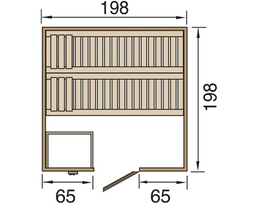 Grundriss einer Sauna mit Maßangaben der Länge 198 Zentimeter und Breite 198 Zentimeter sowie der Tiefe des Podests mit 65 Zentimeter und des Eingangs mit 65 Zentimeter