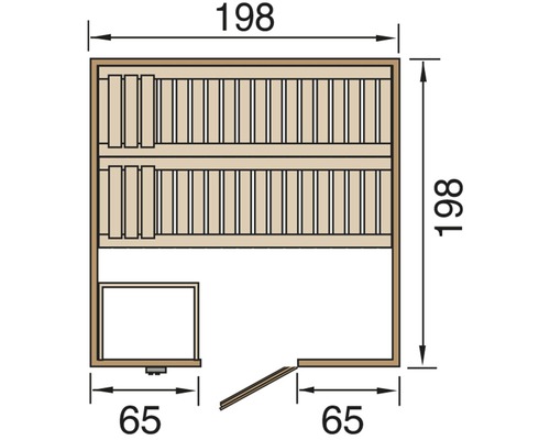 Grundriss einer Sauna mit Abmessungen in Zentimetern