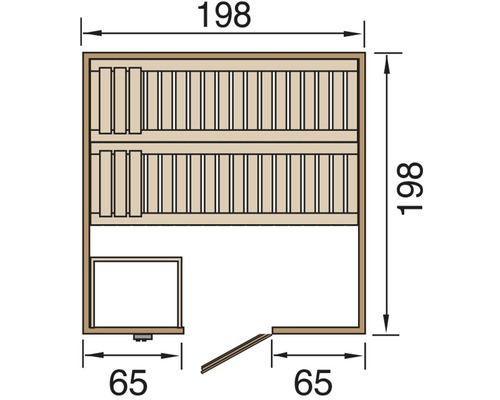 Grundriss einer Sauna mit den Maßen 198 x 198 x 65 cm