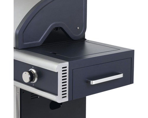 Detailansicht eines Gasgrills mit Schublade und Bedienknebel