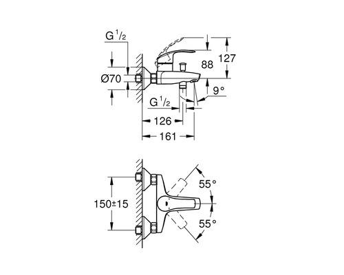 Technische Zeichnung einer Badezimmerarmatur mit Maßangaben.