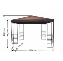 Pavillon mit Abmessungen 2550 mm Höhe, 2970 mm Länge und 1980 mm Durchgangshöhe.