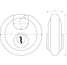 Darstellung eines Zylinderschlosses mit Massangaben a, b, c, d, e und f.