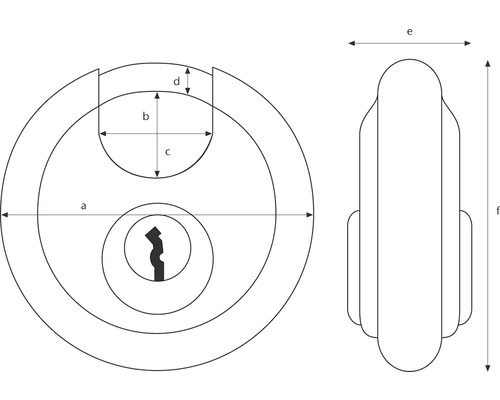 Darstellung eines Zylinderschlosses mit Massangaben a, b, c, d, e und f.