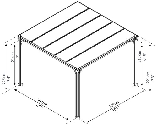 Technische Zeichnung einer Pergola mit Maßangaben