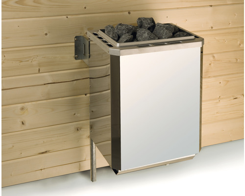 Saunaofen aus Metall mit Saunasteinen an einer Holzwand