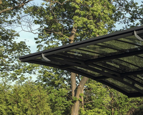 Detailansicht eines Carports mit Stahlrahmen und transparentem Dach vor Bäumen