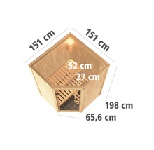 Ecksauna aus Holz mit Maßangaben