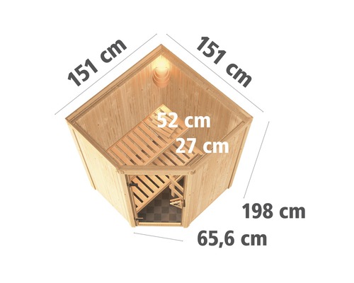 Ecksauna aus Holz mit Maßangaben