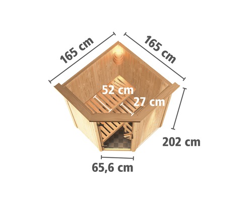 Draufsicht einer Ecksauna mit den Maßen 165 cm, 52 cm, 27 cm, 202 cm und 65,6 cm.
