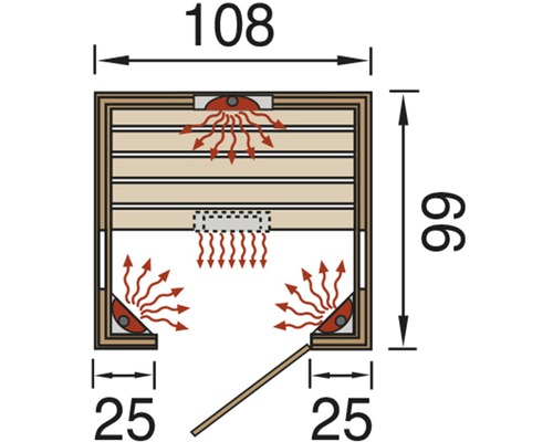 Diagramm einer Sauna mit Abmessungen.