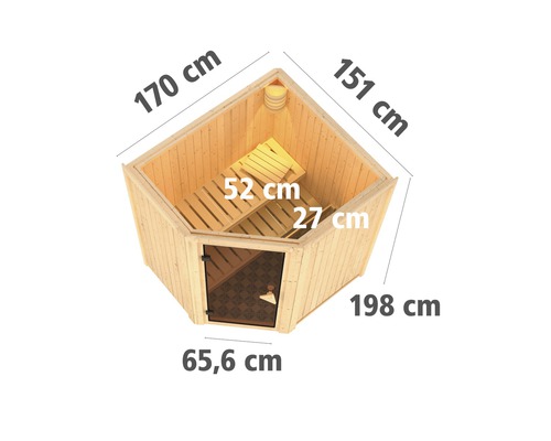 Ecksauna mit den Maßen 170 cm mal 151 cm mal 198 cm mal 65,6 cm und Sitzbank