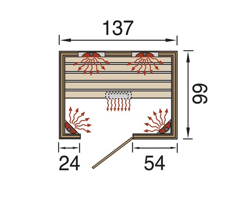 Draufsicht-Skizze einer Sauna mit Abmessungen in Zentimetern