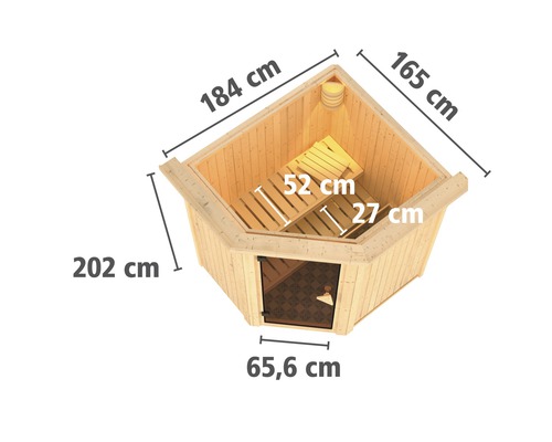 Ecksauna aus Holz mit Maßangaben
