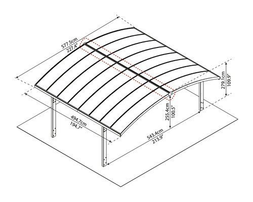 Technische Zeichnung eines Carports mit Maßangaben.