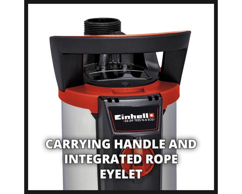 Einhell Logo. Traggriff und integrierte Seilöse einer Tauchpumpe.