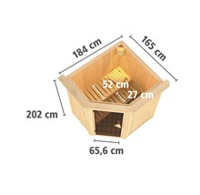 Plug & Play Sauna Karibu Achat III inkl. 3,6 kW Ofen u.integr.Steuerung mit Dachkranz und Ganzglastüre aus Klarglas