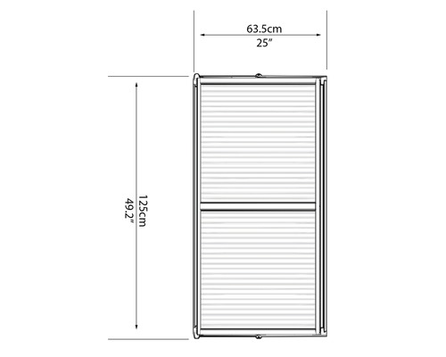 Technische Zeichnung eines Rollos mit den Maßen 63,5 cm Breite und 125 cm Höhe.