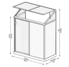Technische Zeichnung eines Gerätehauses mit Schiebetür und aufklappbarem Dach zur Darstellung der Abmessungen