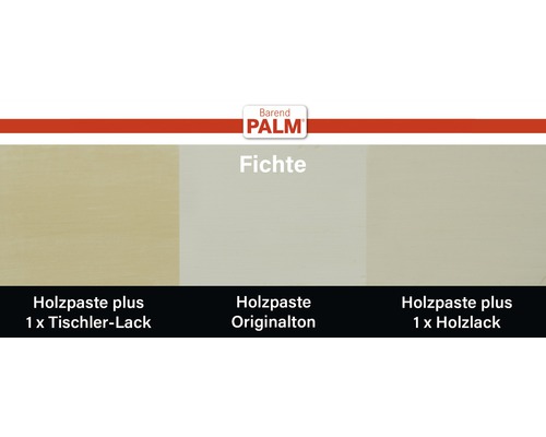 Holzpaste Fichte Farbtonbeispiele mit Tischlerlack, Originalton und Holzlack