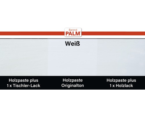 Farbdarstellung von weißer Holzpaste in drei Varianten: mit Tischlerlack, im Originalton und mit Holzlack.