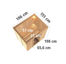 Plug & Play Sauna Karibu Wanja inkl. 3,6 kW Ofen u.integr.Steuerung ohne Dachkranz mit Ganzglastüre aus Klarglas