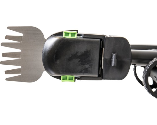 Detailansicht einer Grasschere mit Akku und Metallklinge