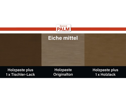 Farbmuster von Palm Holzpaste Eiche mittel mit Tischler Lack und Holzlack
