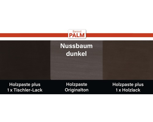 Farbdarstellung von dunklem Nussbaum Holzpaste mit und ohne Lack