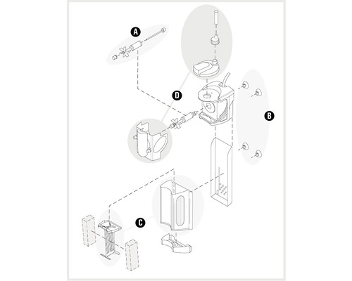 Explosionszeichnung einer Reinigungsanlage mit den Einzelteilen A, B, C und D.