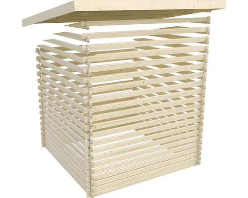 Holzgartenhaus im Aufbau mit Dach