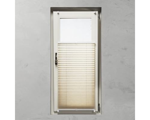 Beige Plissee-Jalousie am Fenster für Sichtschutz und Sonnenschutz